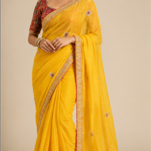 Suryalekha™ Sunshine Yellow Chiffon Saree with Designer Red Woven Blouse