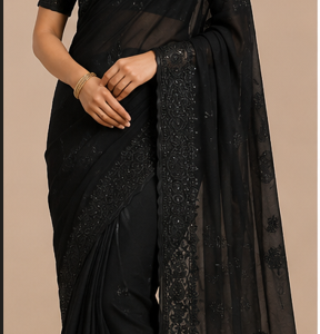 Noirika™ Black Georgette Embroidered Stone Work Saree