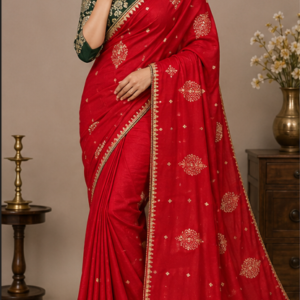 Aarohi™ Crimson Red Soft Silk Saree with Emerald Blouse