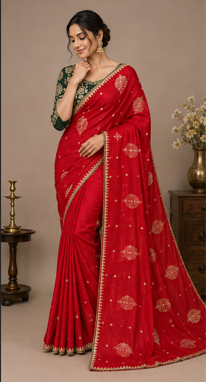 aarohi-crimson-red-soft-silk-saree-green-blouse